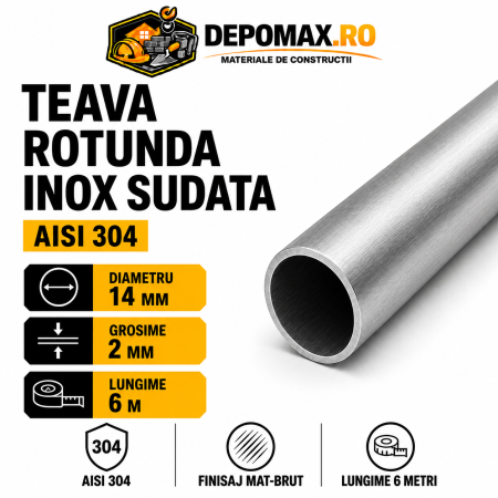 Teava rotunda inox sudata AISI 304, 14 x 2 mm, 6 metri